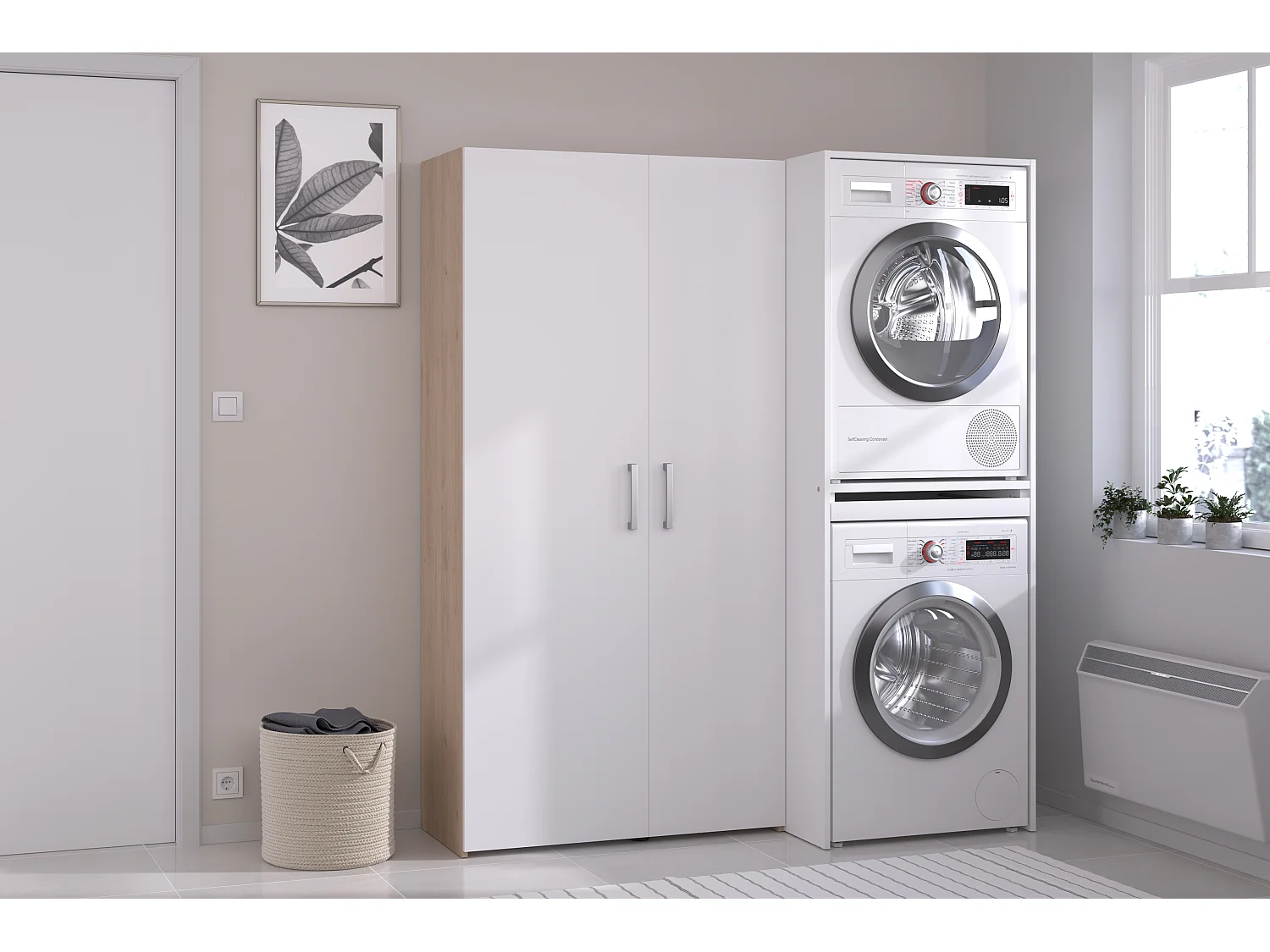 Mobile per lavatrice e asciugatrice con colonna a doppia anta Naturale chiaro e bianco L156 x H184 cm - ERKANO