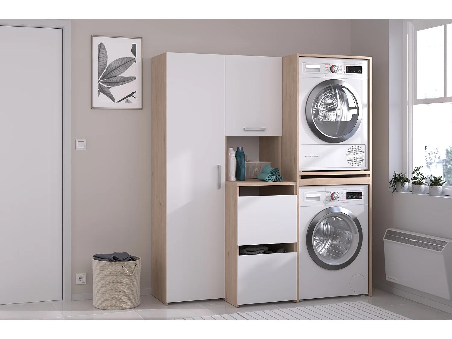 Mobile per lavatrice e asciugatrice con armadi e colonna portaoggetti Naturale chiaro e bianco L156 x H184 – ERKANO