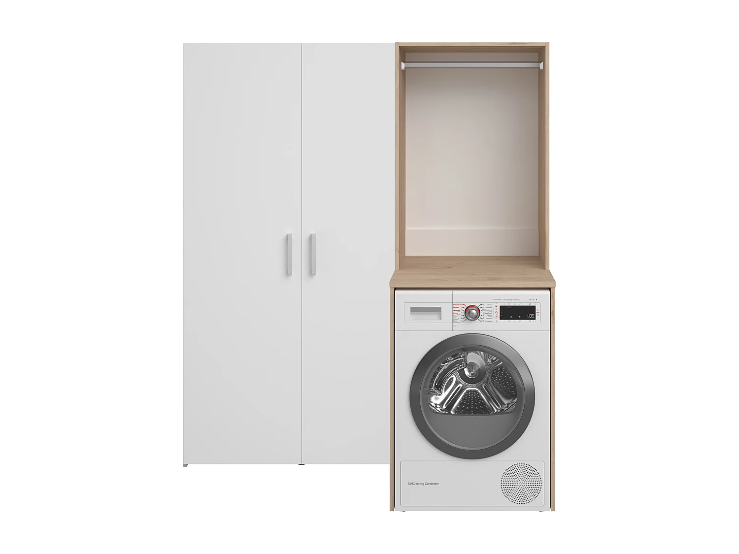 Mobile per lavatrice con armadio e colonna a doppia porta Naturale chiaro e bianco L156 x H184 – ERKANO