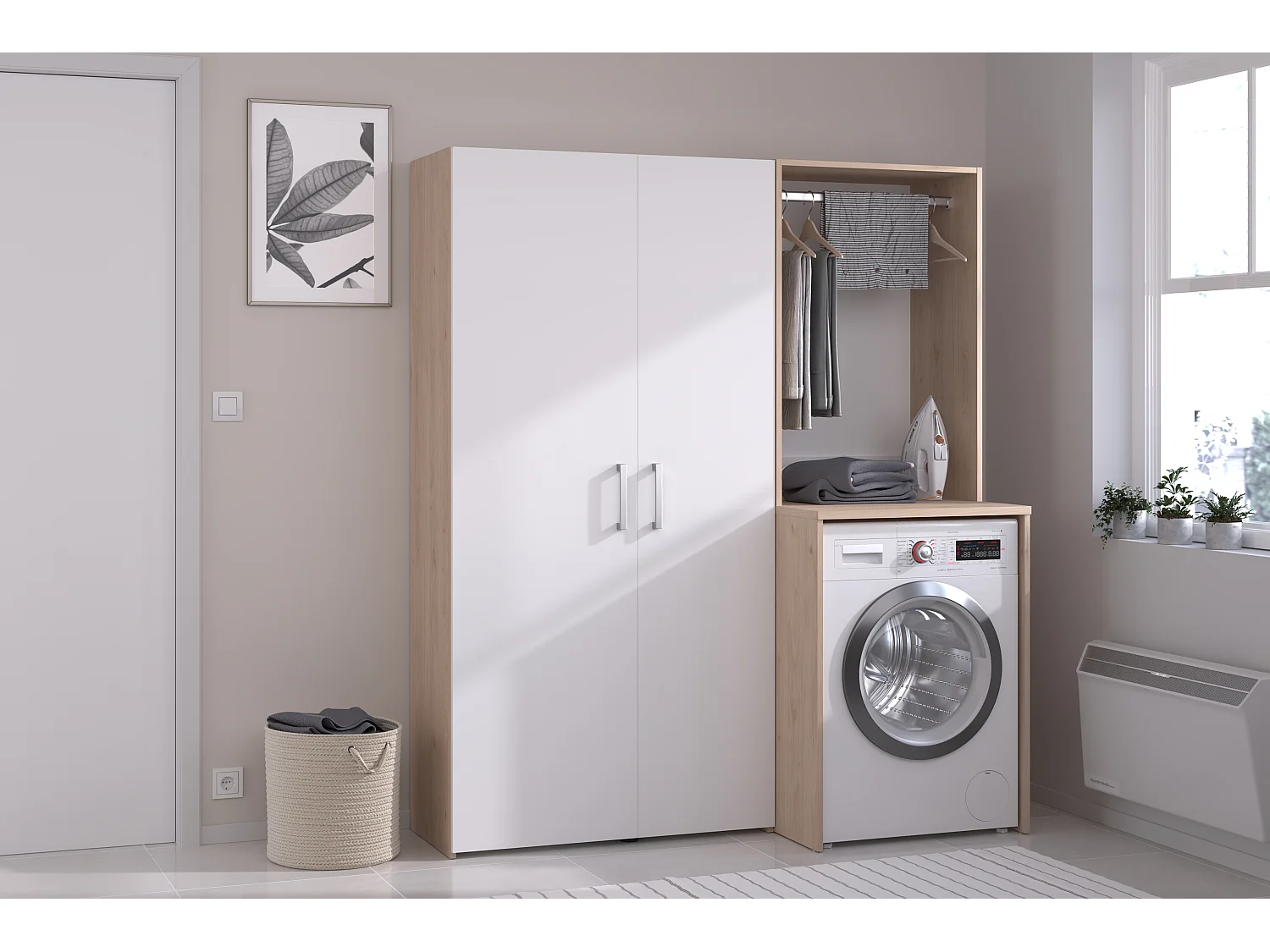 Mobile per lavatrice con armadio e colonna a doppia porta Naturale chiaro e bianco L156 x H184 – ERKANO
