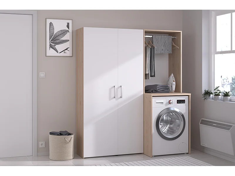 Mobile per lavatrice con armadio e colonna a doppia porta Naturale chiaro e bianco L156 x H184 – ERKANO