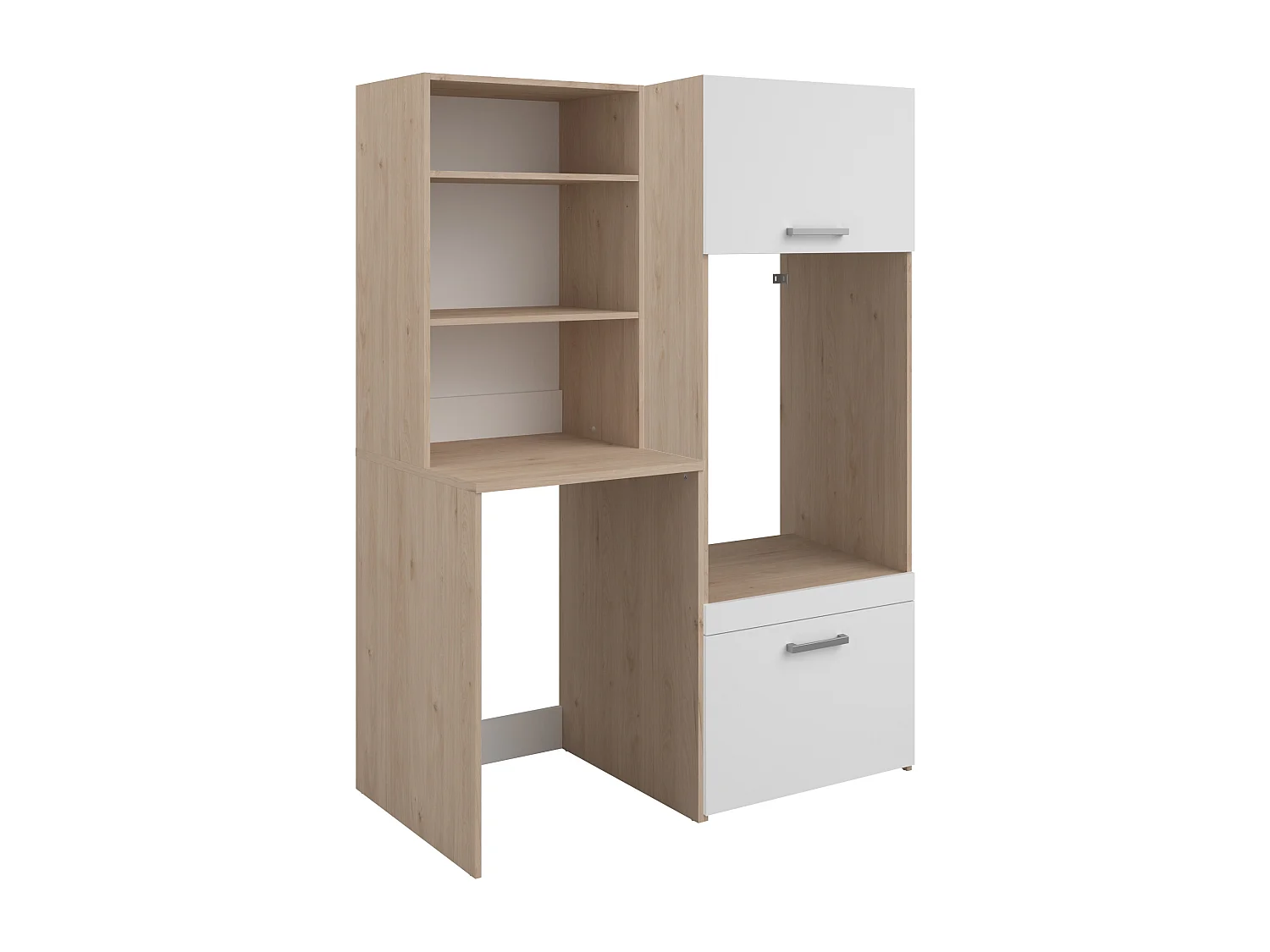 Mobile per 2 lavatrici con ripiani e armadi Naturale chiaro e bianco L128 x H184 – ERKANO