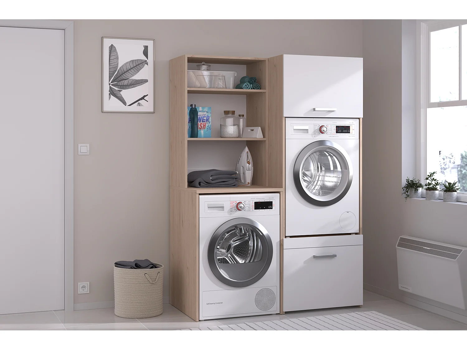 Mobile per 2 lavatrici con ripiani e armadi Naturale chiaro e bianco L128 x H184 – ERKANO