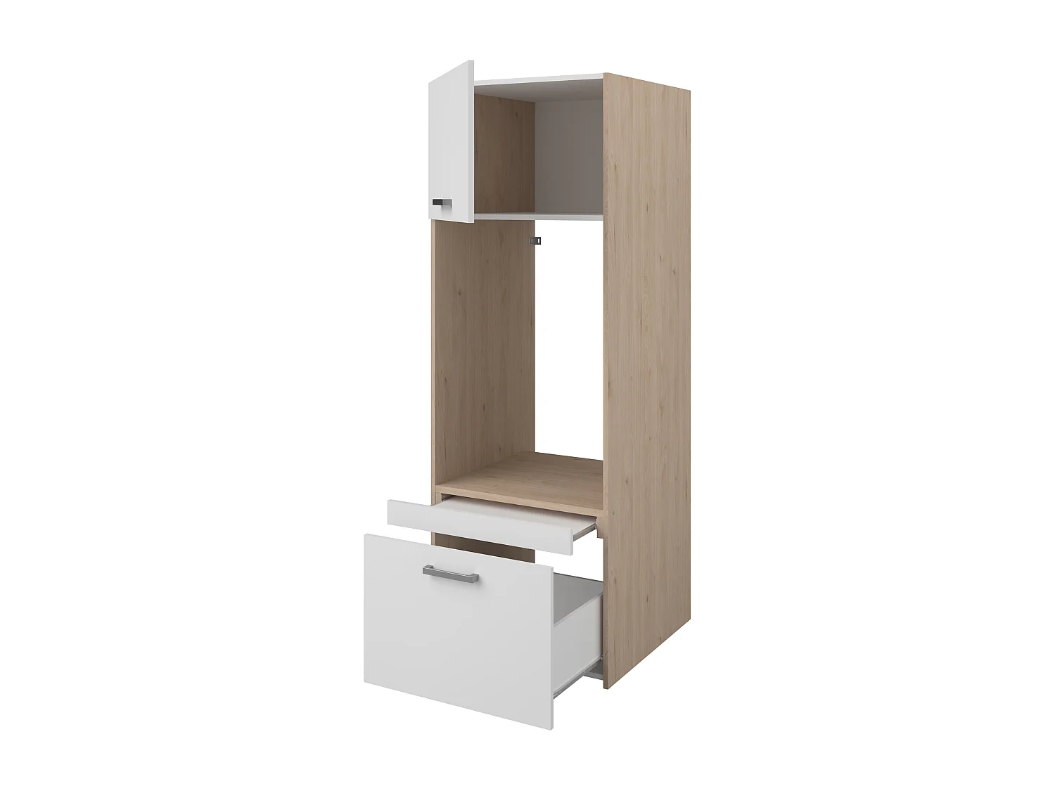 Mobile per 2 lavatrici con ripiani Naturale chiaro e bianco L128 x H184 – ERKANO