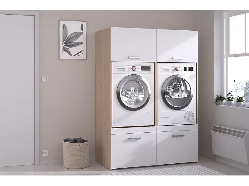 Meuble pour 2 machines à laver avec placards – Naturel clair et blanc – L128 x H184 – ERKANO