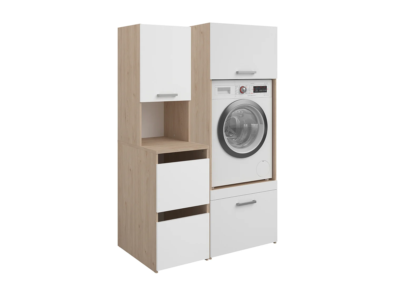 Mobile per lavatrice con armadi Naturale chiaro e bianco L111 x H184 – ERKANO