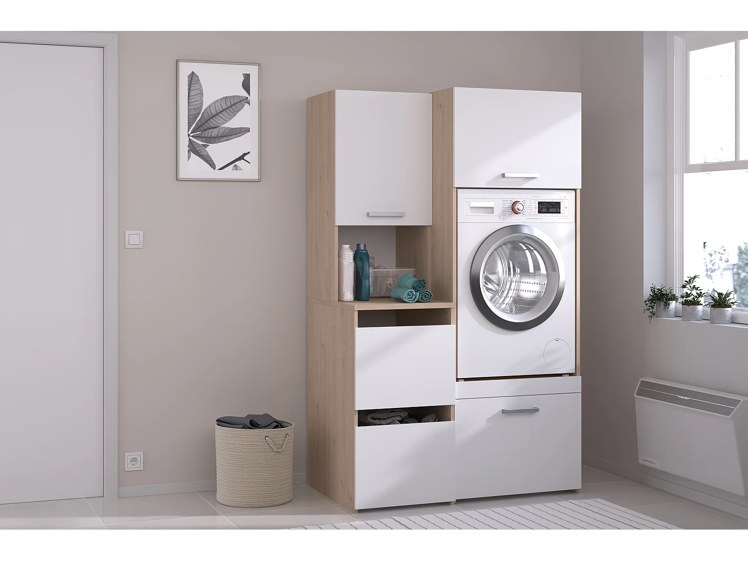 Mobile per lavatrice con armadi Naturale chiaro e bianco L111 x H184 – ERKANO