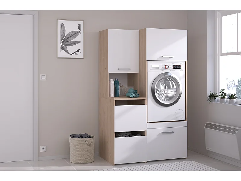 Meuble pour machine à laver avec placards – Naturel clair et blanc – L111 x H184 – ERKANO