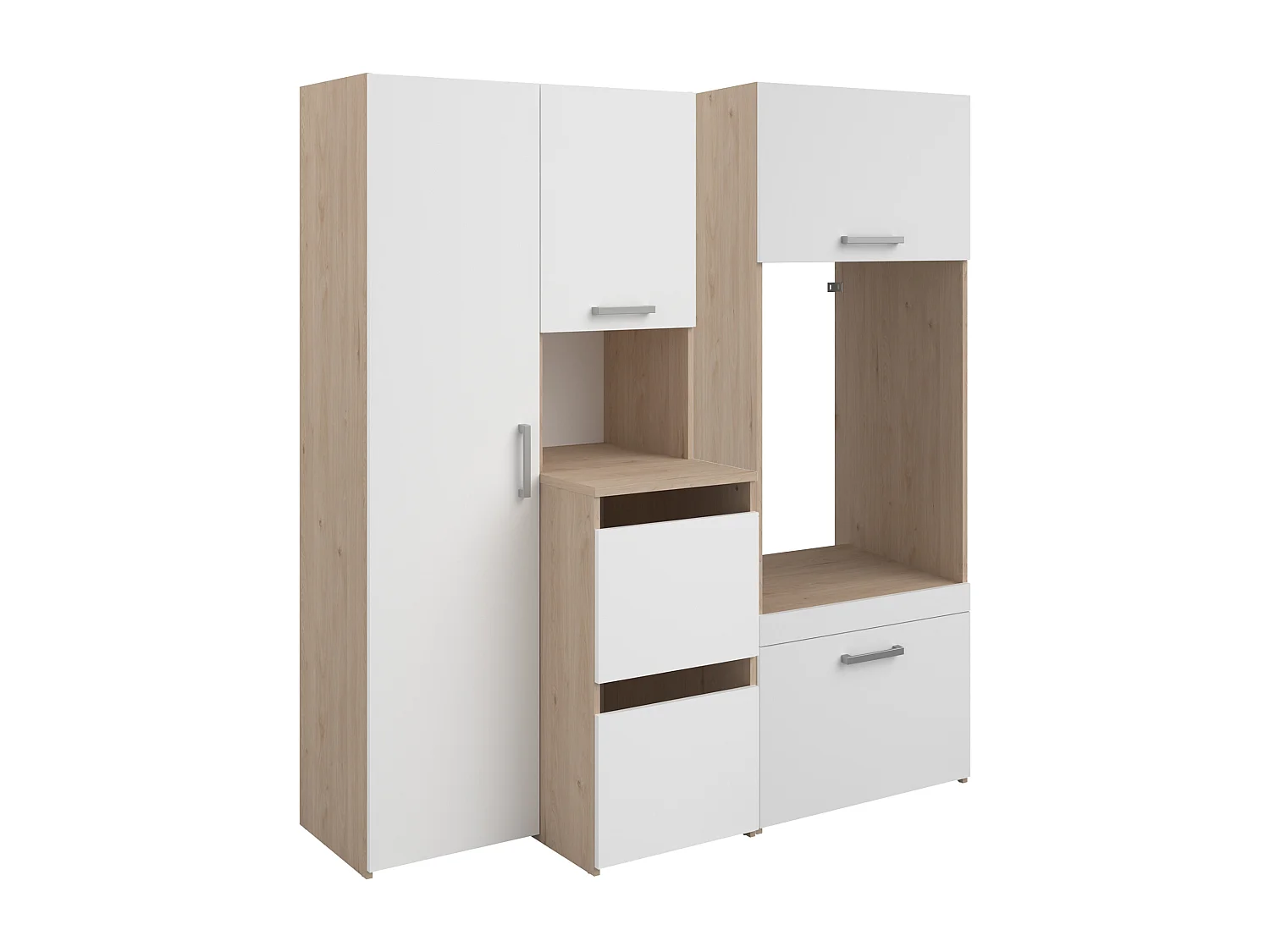 Mobile per lavatrice con ante e colonna portaoggetti Naturale chiaro e bianco L156 x H184 – ERKANO