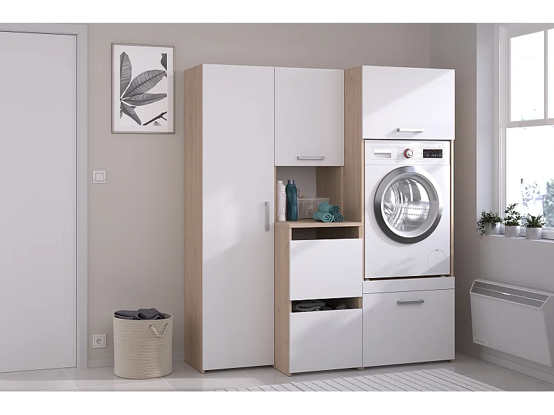 Meuble pour machine à laver avec placards et colonne de rangement – Naturel clair et blanc – L156 x H184 – ERKANO