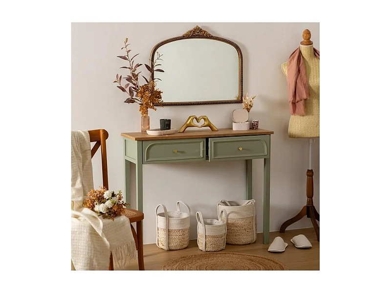 Table console Coiffeuse avec  2 tiroirs, coloris Vert Céladon - Longueur 100 x Profondeur 35 x Hauteur 80 cm