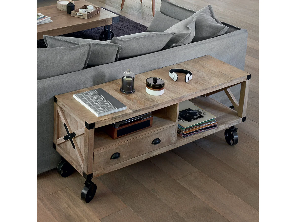 Meuble TV en bois de manguier et métal avec 1 tiroir - Longueur 140 x Profondeur 40 x Hauteur 58,5 cm