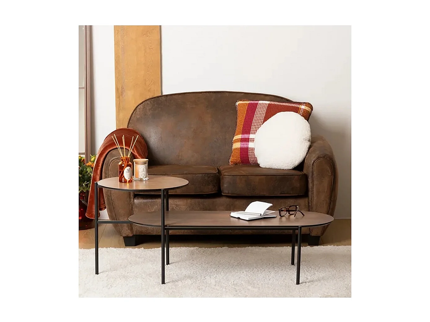 Canapé Banquette 2 places aspect cuir vieilli marron - Longueur 133 x Profondeur 80,5 x Hauteur 79 cm