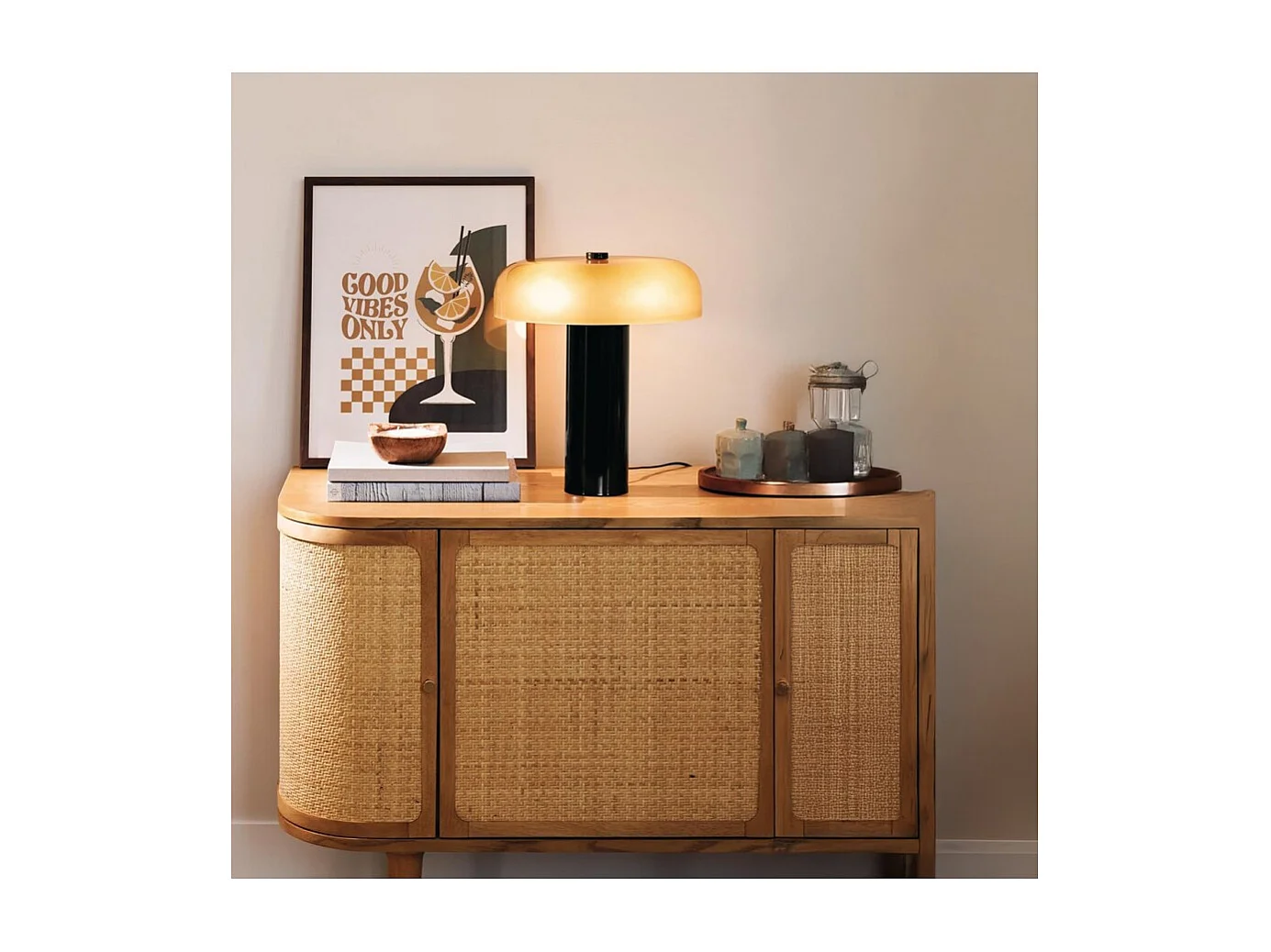 Lampe cylindrique haut en verre format champignon, coloris ambre - Diamètre 33 x Hauteur 37 cm