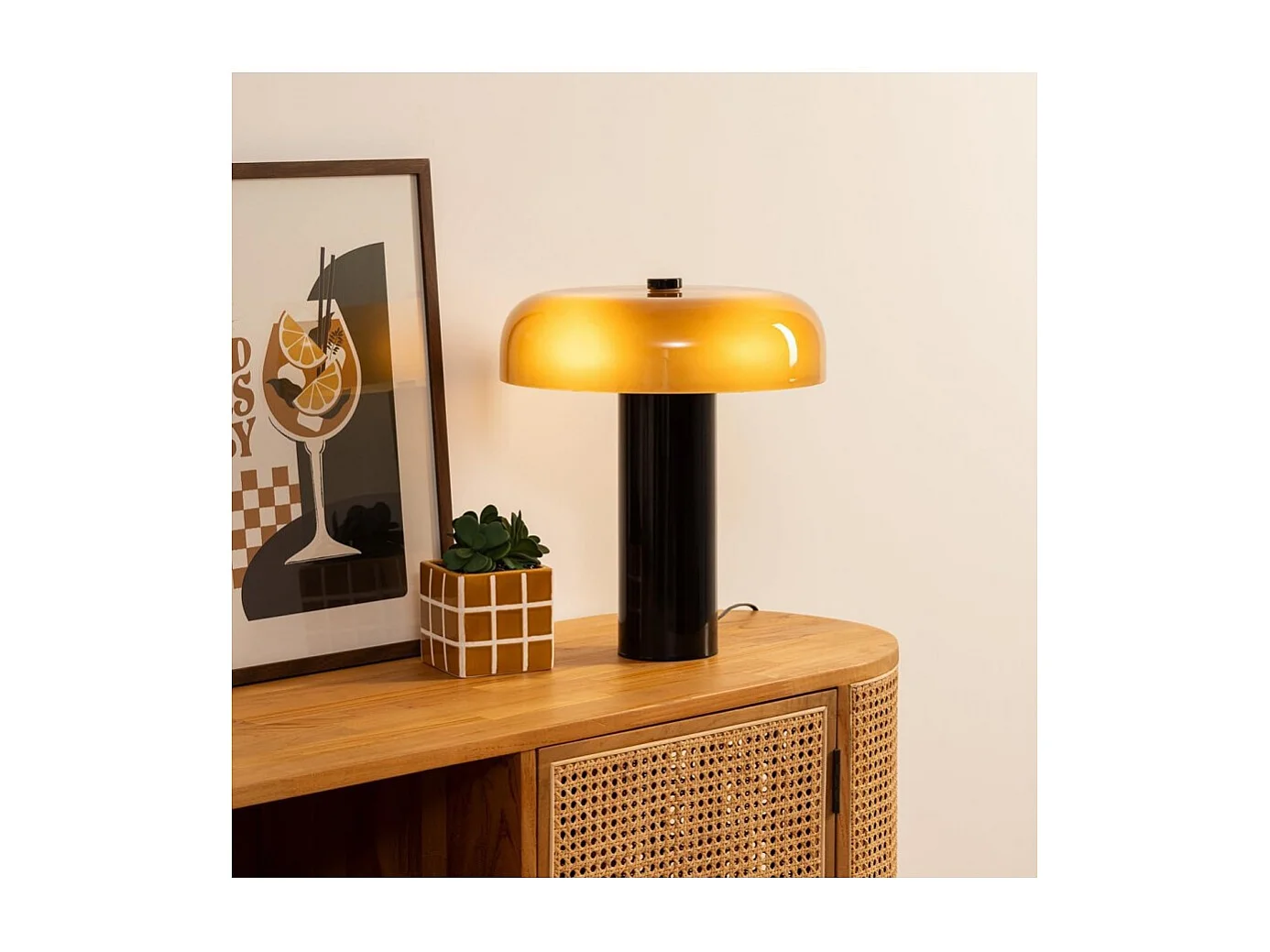 Lampe cylindrique haut en verre format champignon, coloris ambre - Diamètre 33 x Hauteur 37 cm