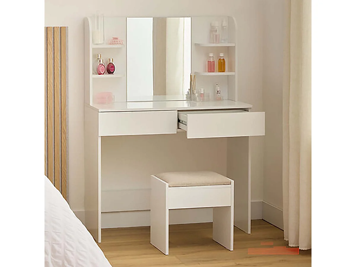 Coiffeuse moderne avec miroir, 2 tiroirs et compartiments ouverts, coloris blanc - Longueur 90 x Profondeur 40 x Hauteur 125 cm