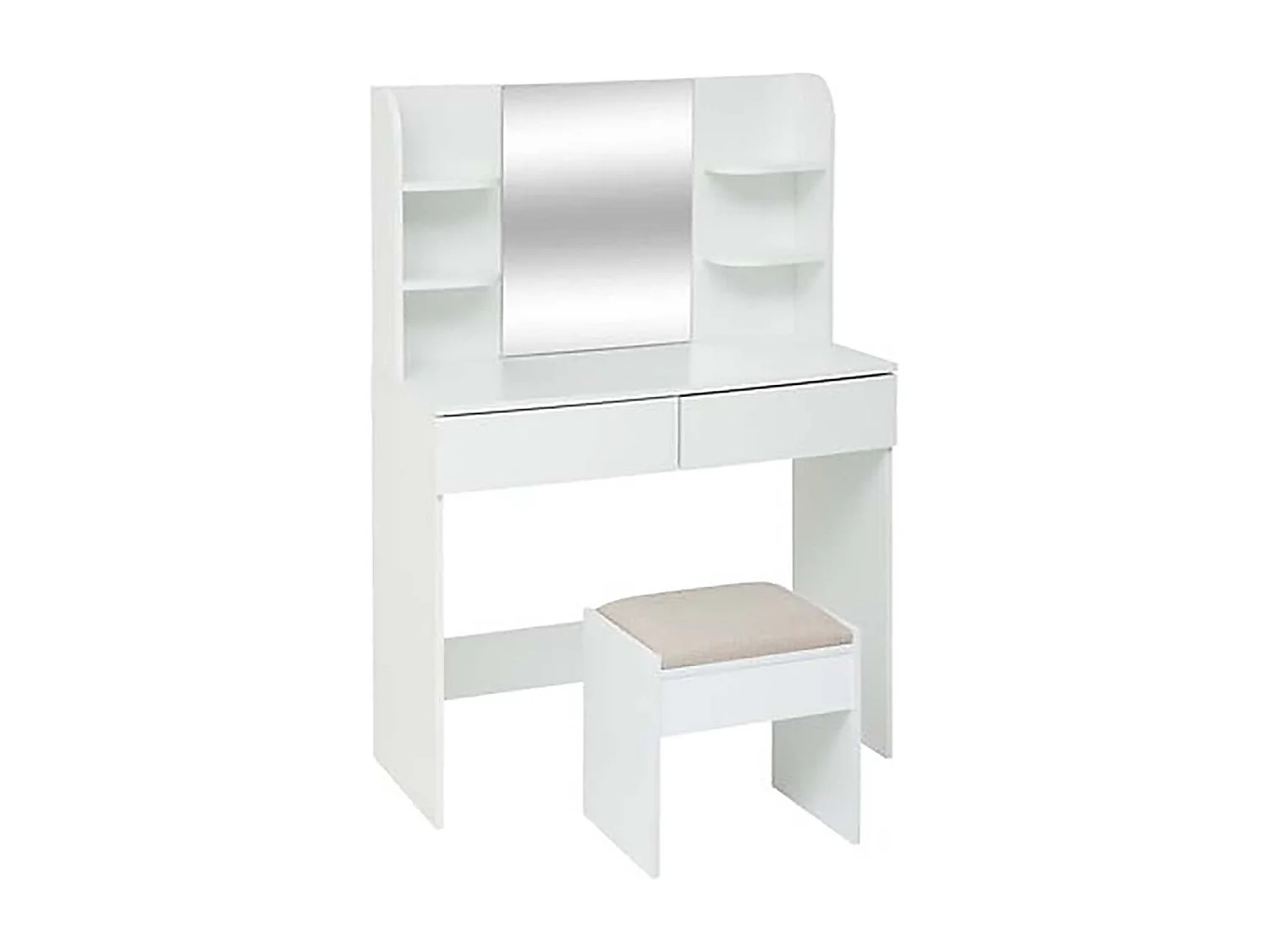 Coiffeuse moderne avec miroir, 2 tiroirs et compartiments ouverts, coloris blanc - Longueur 90 x Profondeur 40 x Hauteur 125 cm