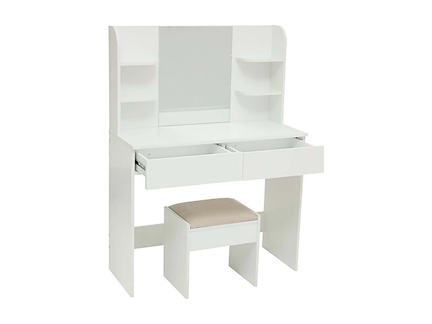 Coiffeuse moderne avec miroir, 2 tiroirs et compartiments ouverts, coloris blanc - Longueur 90 x Profondeur 40 x Hauteur 125 cm