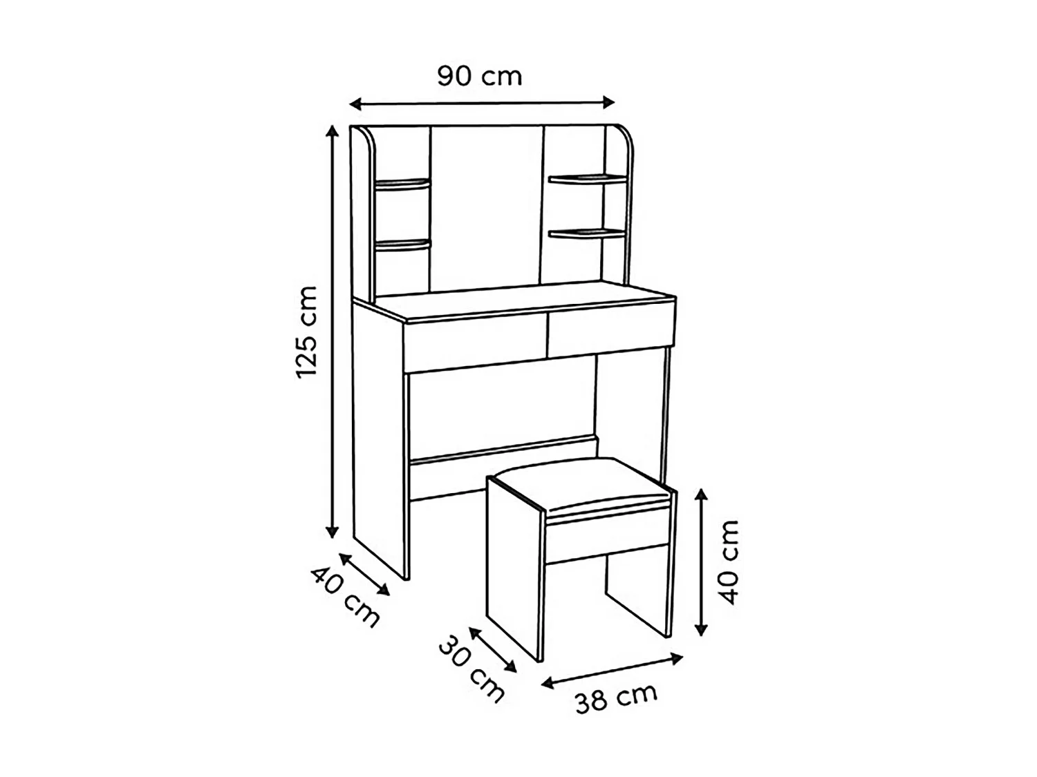 Coiffeuse moderne avec miroir, 2 tiroirs et compartiments ouverts, coloris blanc - Longueur 90 x Profondeur 40 x Hauteur 125 cm