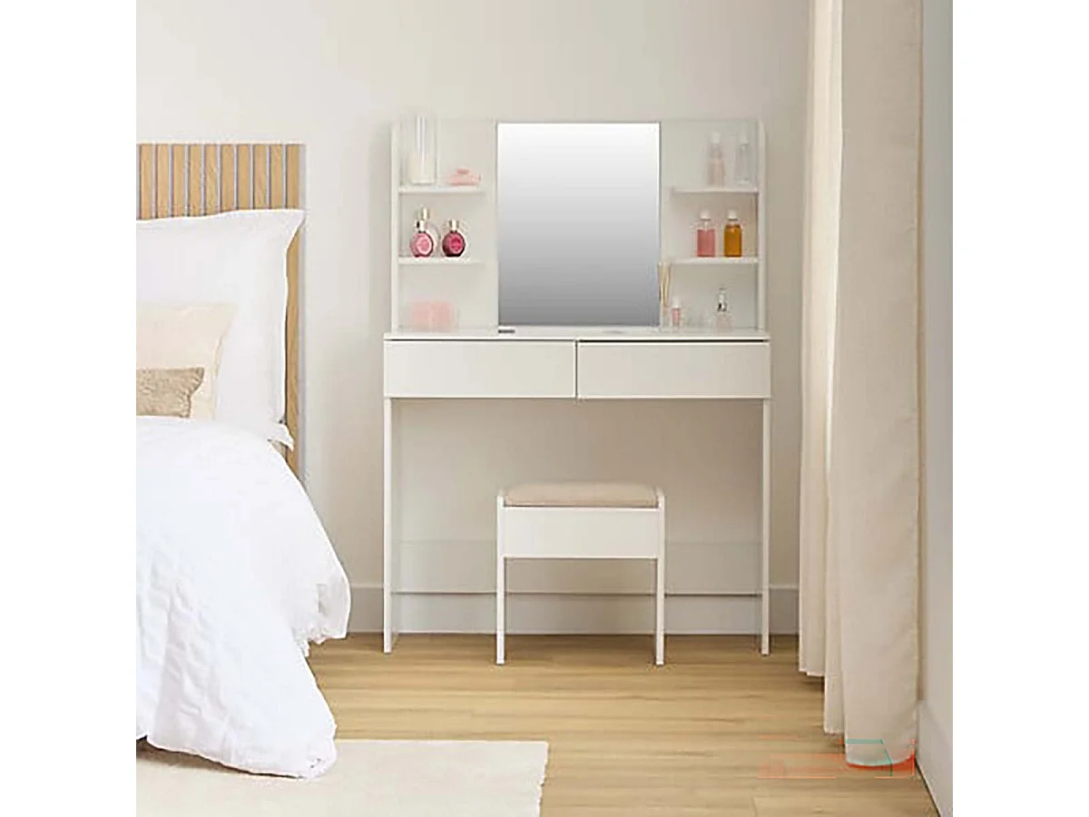 Coiffeuse moderne avec miroir, 2 tiroirs et compartiments ouverts, coloris blanc - Longueur 90 x Profondeur 40 x Hauteur 125 cm