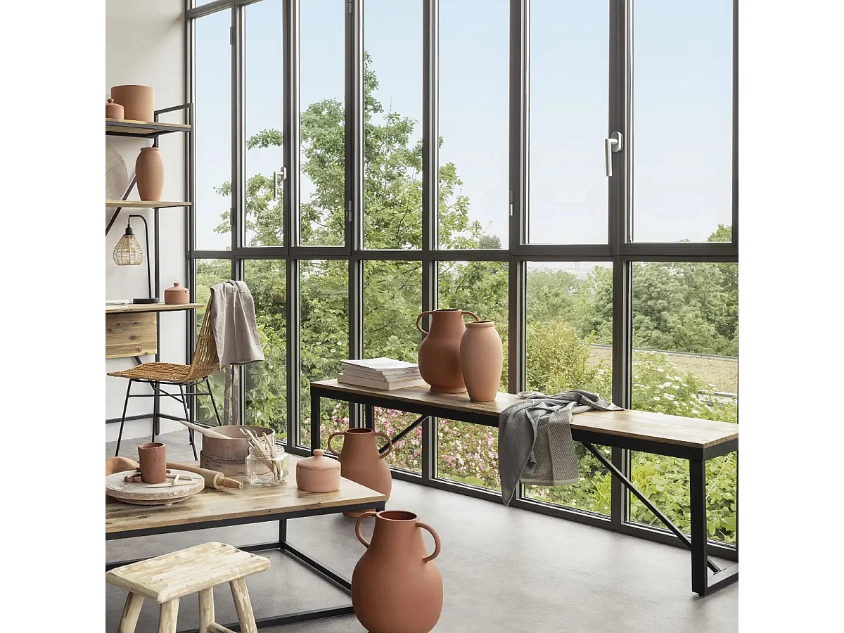 Banc de table à diner en bois d'Acacia et pieds en métal noir - Longueur 170 x Profondeur  35 x Hauteur 45 cm