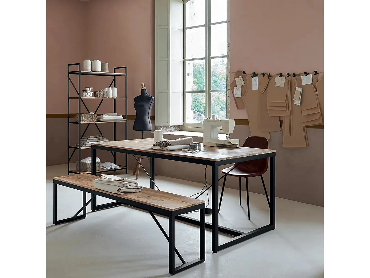 Banc de table à diner en bois d'Acacia et pieds en métal noir - Longueur 170 x Profondeur  35 x Hauteur 45 cm