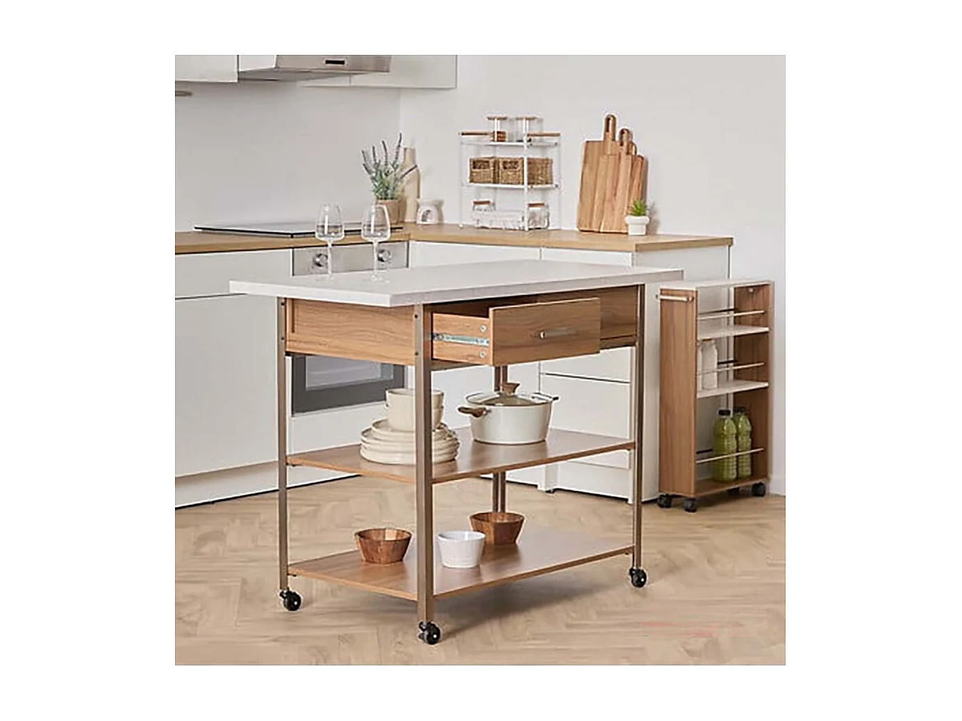 Desserte de cuisine avec roulettes, deux tiroirs et deux étagères, coloris marron/blanc - Longueur 90 x Profondeur 60 x Hauteur 120 cm