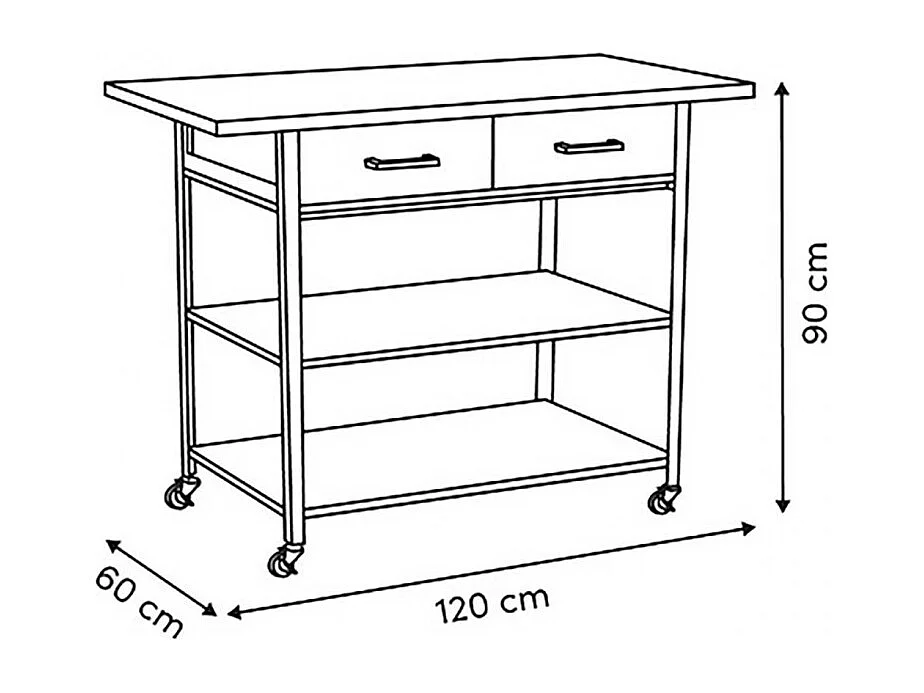 Desserte de cuisine avec roulettes, deux tiroirs et deux étagères, coloris marron/blanc - Longueur 90 x Profondeur 60 x Hauteur 120 cm