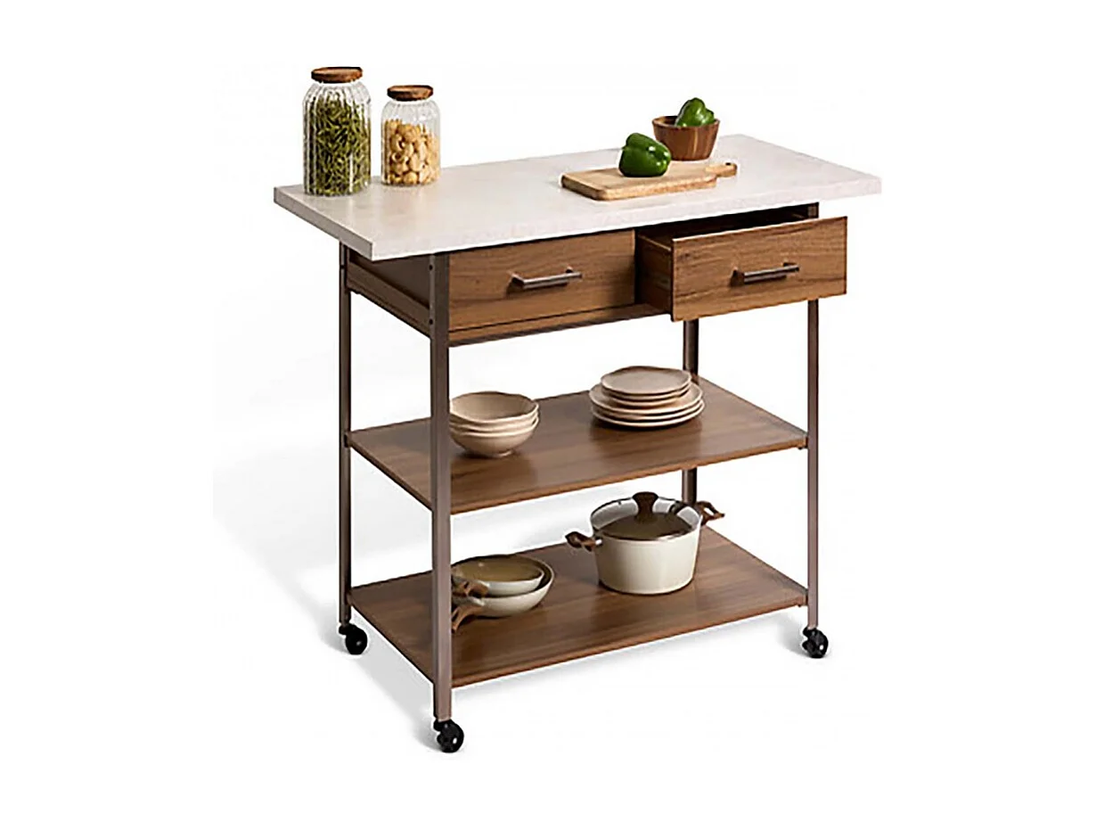 Desserte de cuisine avec roulettes, deux tiroirs et deux étagères, coloris marron/blanc - Longueur 90 x Profondeur 60 x Hauteur 120 cm