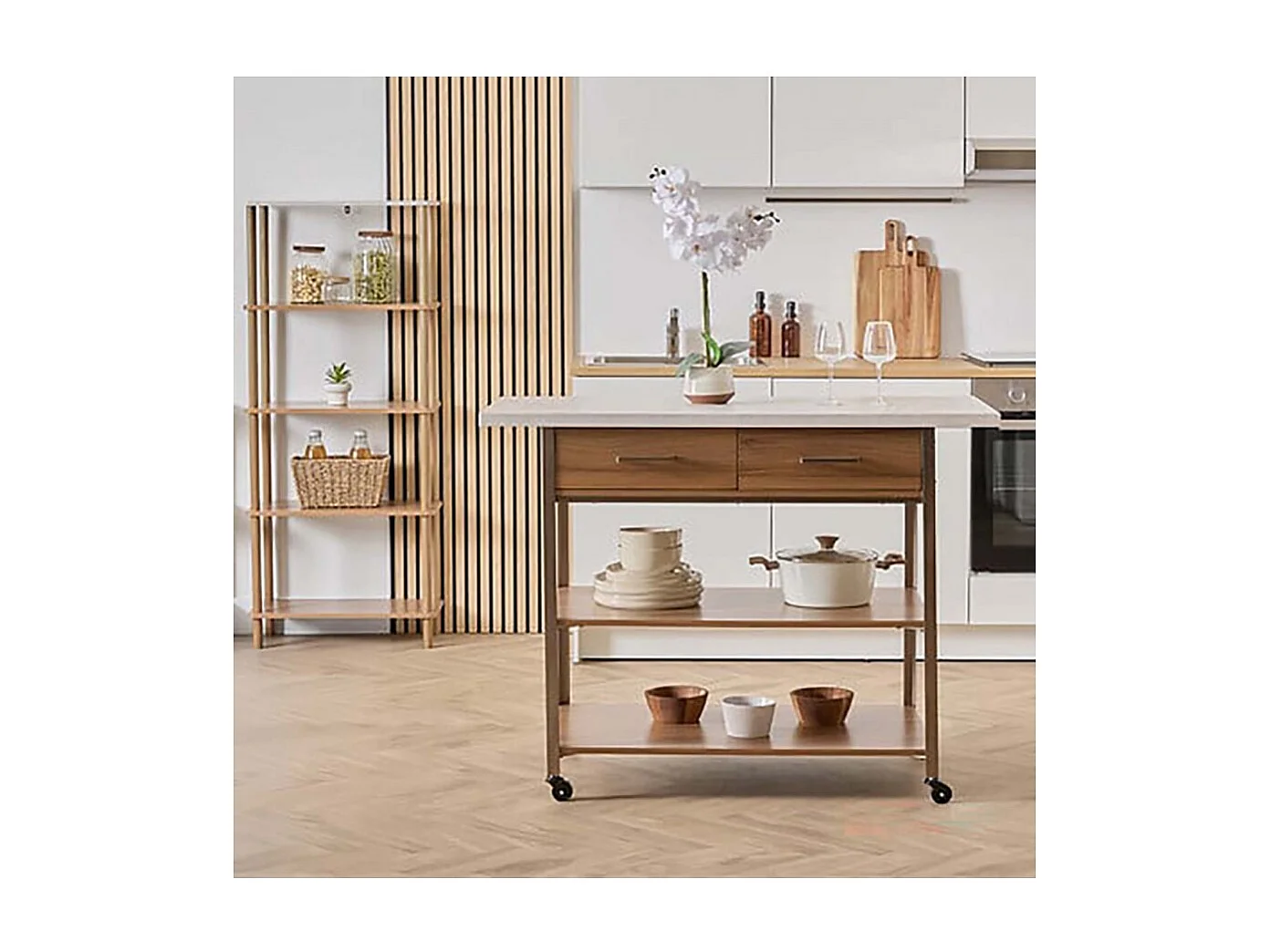 Desserte de cuisine avec roulettes, deux tiroirs et deux étagères, coloris marron/blanc - Longueur 90 x Profondeur 60 x Hauteur 120 cm