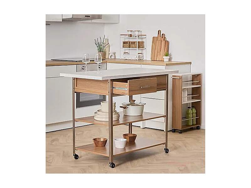 Desserte de cuisine avec roulettes, deux tiroirs et deux étagères, coloris marron/blanc - Longueur 90 x Profondeur 60 x Hauteur 120 cm