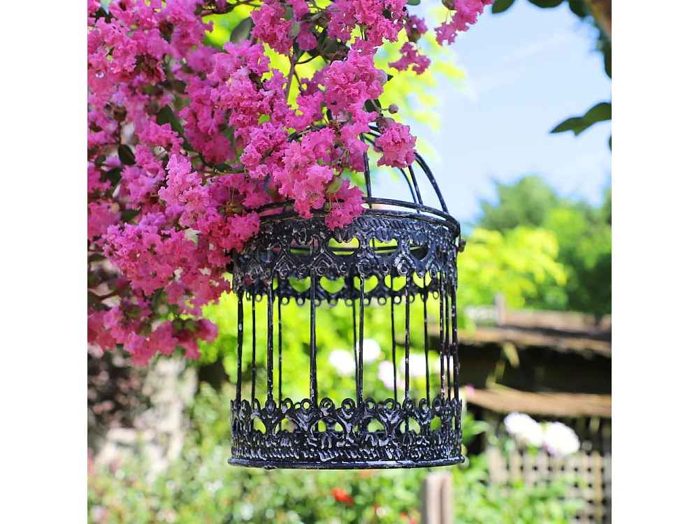 Cage à oiseaux décorative ancienne métal noir blanc Ø.13x21cm