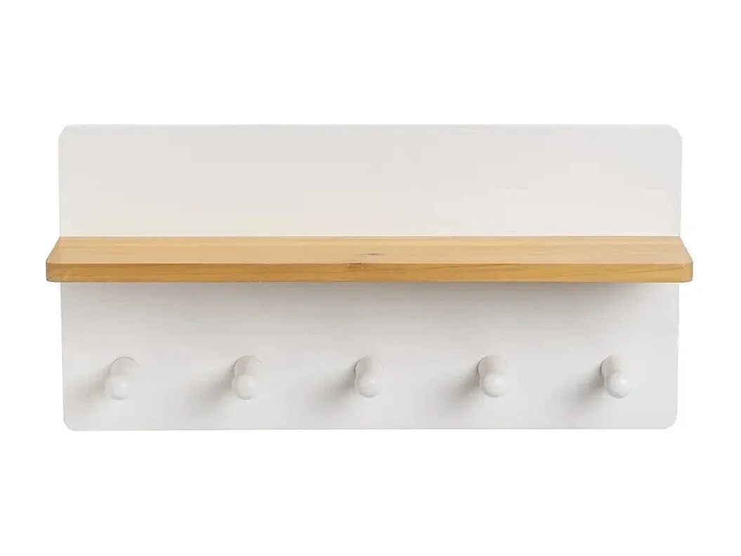 Étagère murale avec 5 crochets à accrocher au mur en bois de peuplier verni laqué blanc-Longueur 50 x Largeur 13 x Hauteur 25 cm