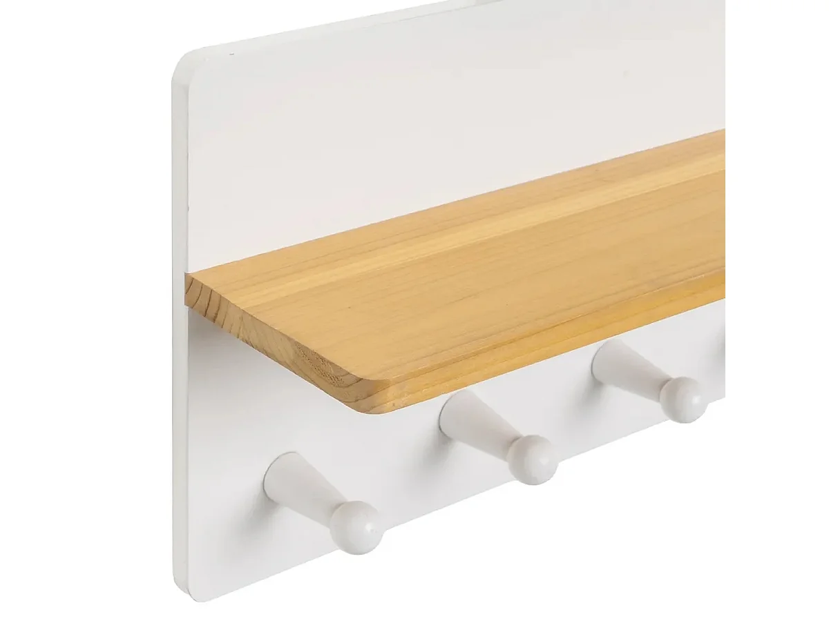 Étagère murale avec 5 crochets à accrocher au mur en bois de peuplier verni laqué blanc-Longueur 50 x Largeur 13 x Hauteur 25 cm