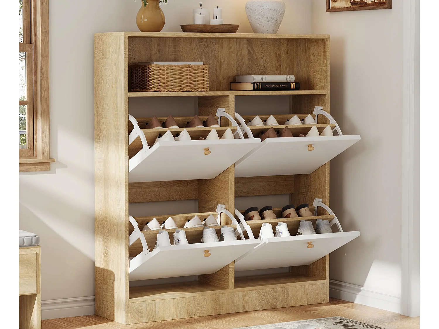 Meuble à chaussures 90x24x104.5cm - avec 4 portes abattants - avec étagères ouvertes - Blanc + Naturel