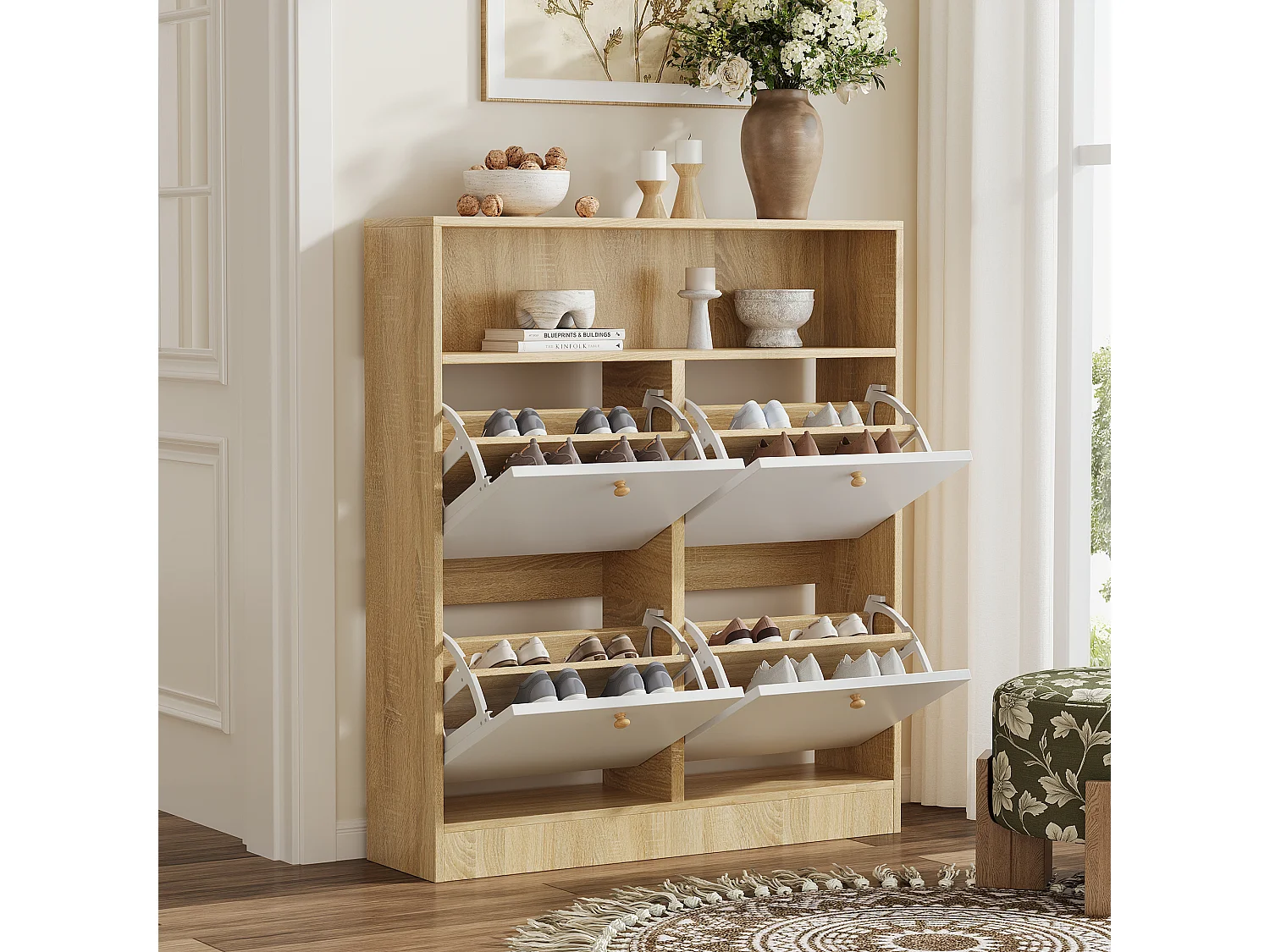 Meuble à chaussures 90x24x104.5cm - avec 4 portes abattants - avec étagères ouvertes - Blanc + Naturel