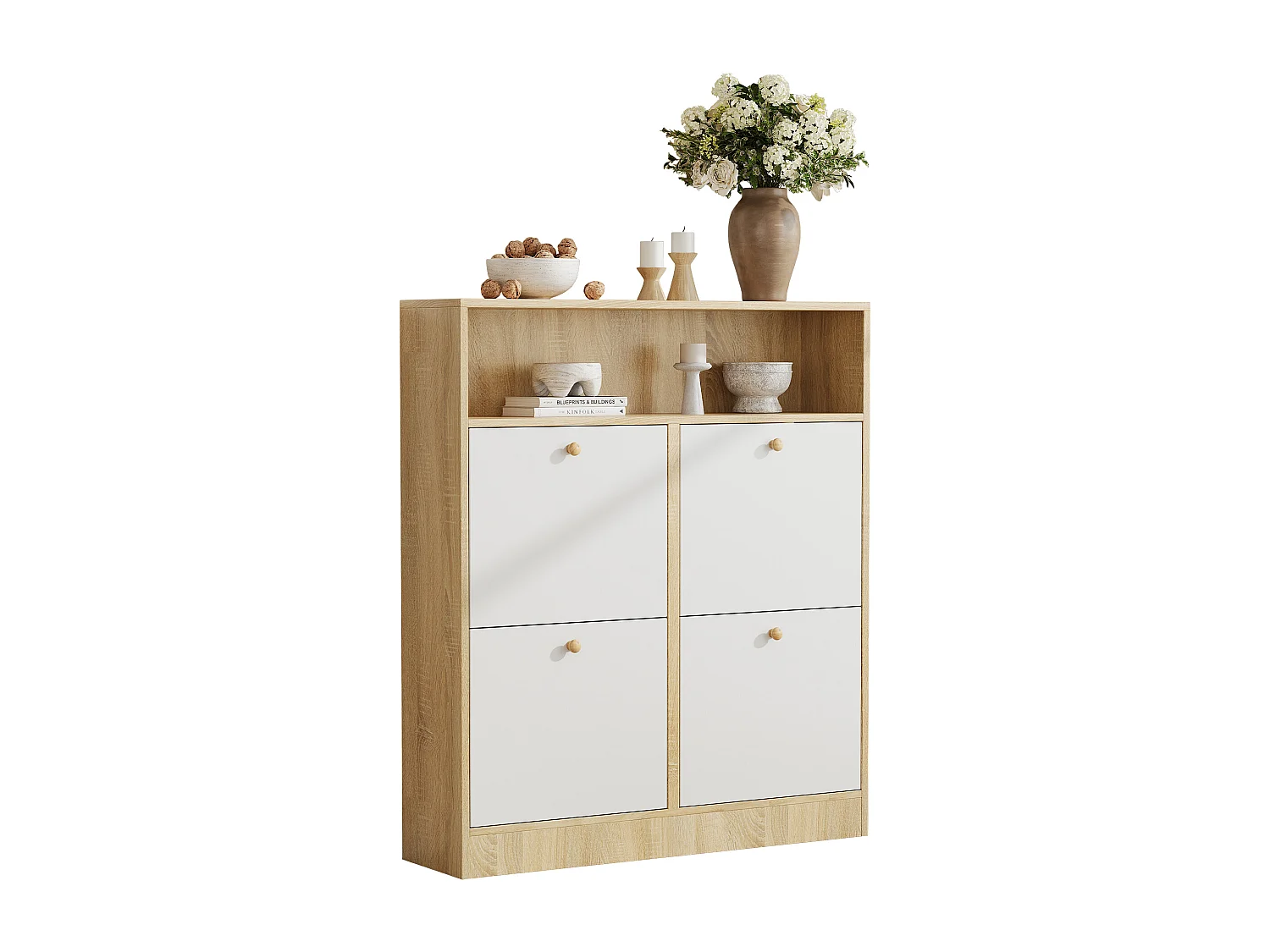 Meuble à chaussures 90x24x104.5cm - avec 4 portes abattants - avec étagères ouvertes - Blanc + Naturel