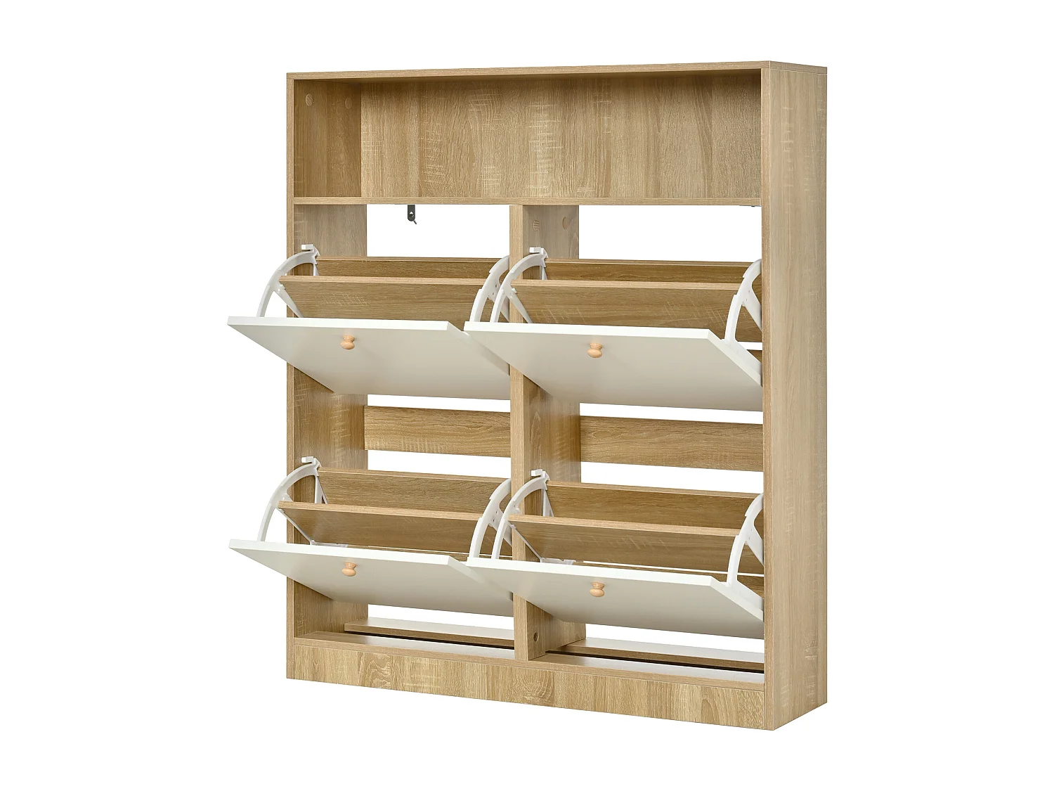 Meuble à chaussures 90x24x104.5cm - avec 4 portes abattants - avec étagères ouvertes - Blanc + Naturel