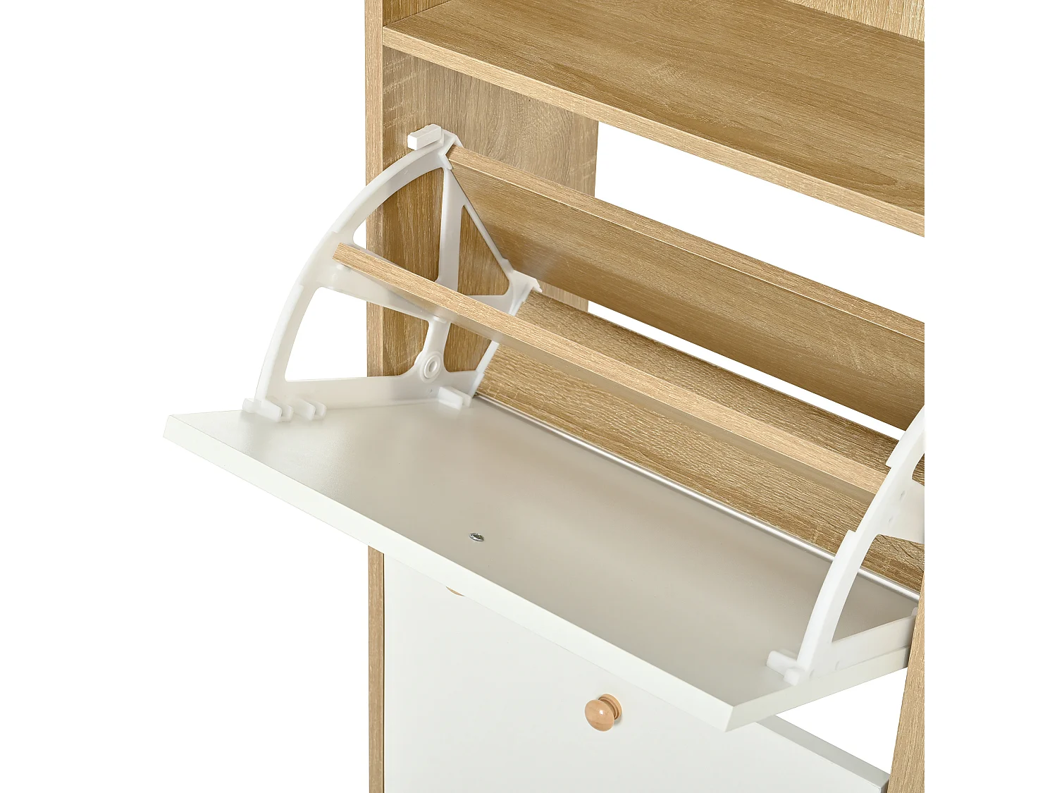 Meuble à chaussures 90x24x104.5cm - avec 4 portes abattants - avec étagères ouvertes - Blanc + Naturel