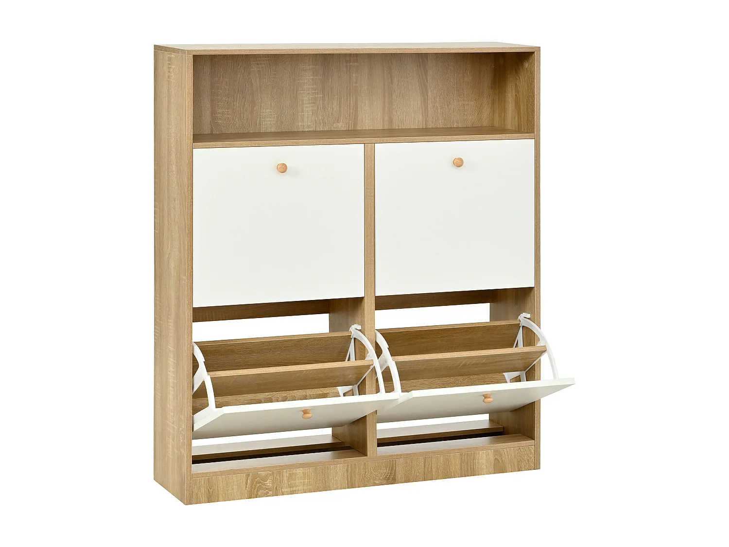 Meuble à chaussures 90x24x104.5cm - avec 4 portes abattants - avec étagères ouvertes - Blanc + Naturel