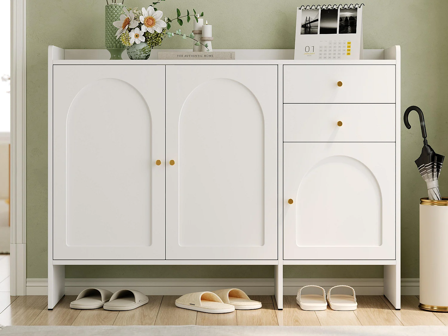 Meuble à chaussures 120x35x90cm - avec 3 portes et 2 tiroirs - poignée en métal - Blanc