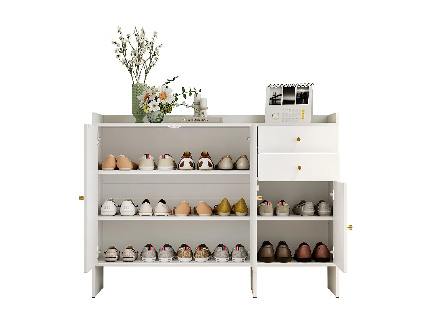 Meuble à chaussures 120x35x90cm - avec 3 portes et 2 tiroirs - poignée en métal - Blanc