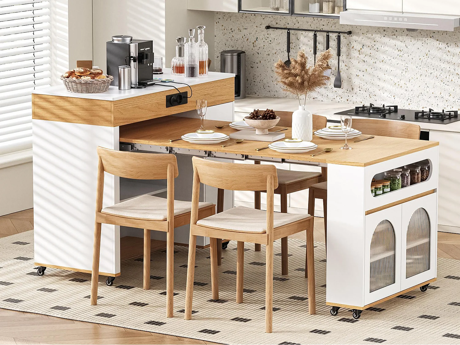 Îlot central de cuisine - table à manger extensible - avec prise de courant - avec roulettes et espace de rangement - avec crochet - Naturel+Blanc