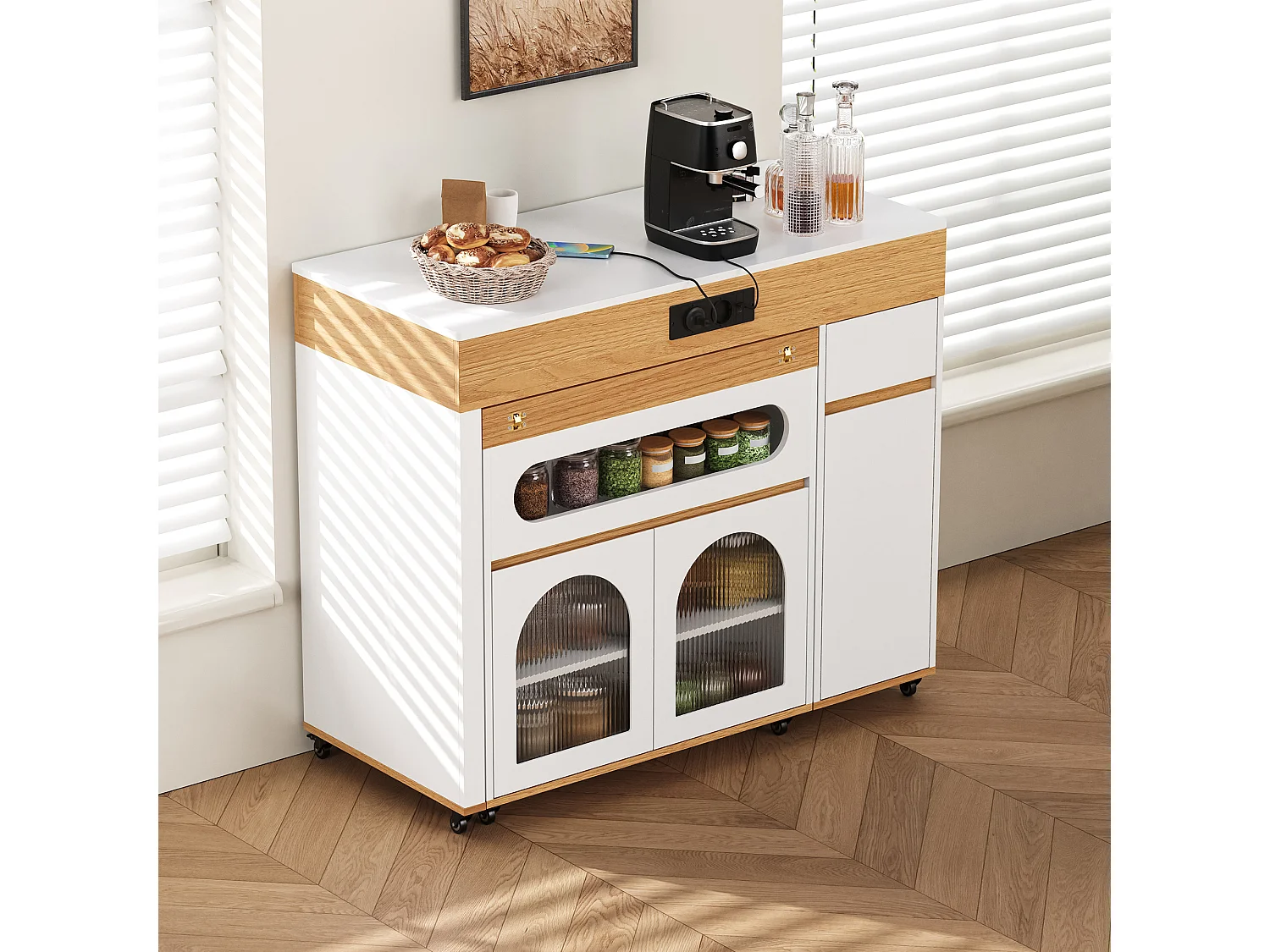 Îlot central de cuisine - table à manger extensible - avec prise de courant - avec roulettes et espace de rangement - avec crochet - Naturel+Blanc