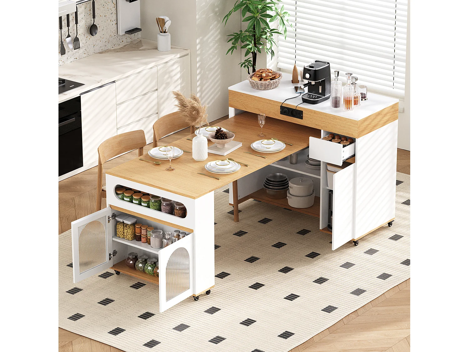 Îlot central de cuisine - table à manger extensible - avec prise de courant - avec roulettes et espace de rangement - avec crochet - Naturel+Blanc