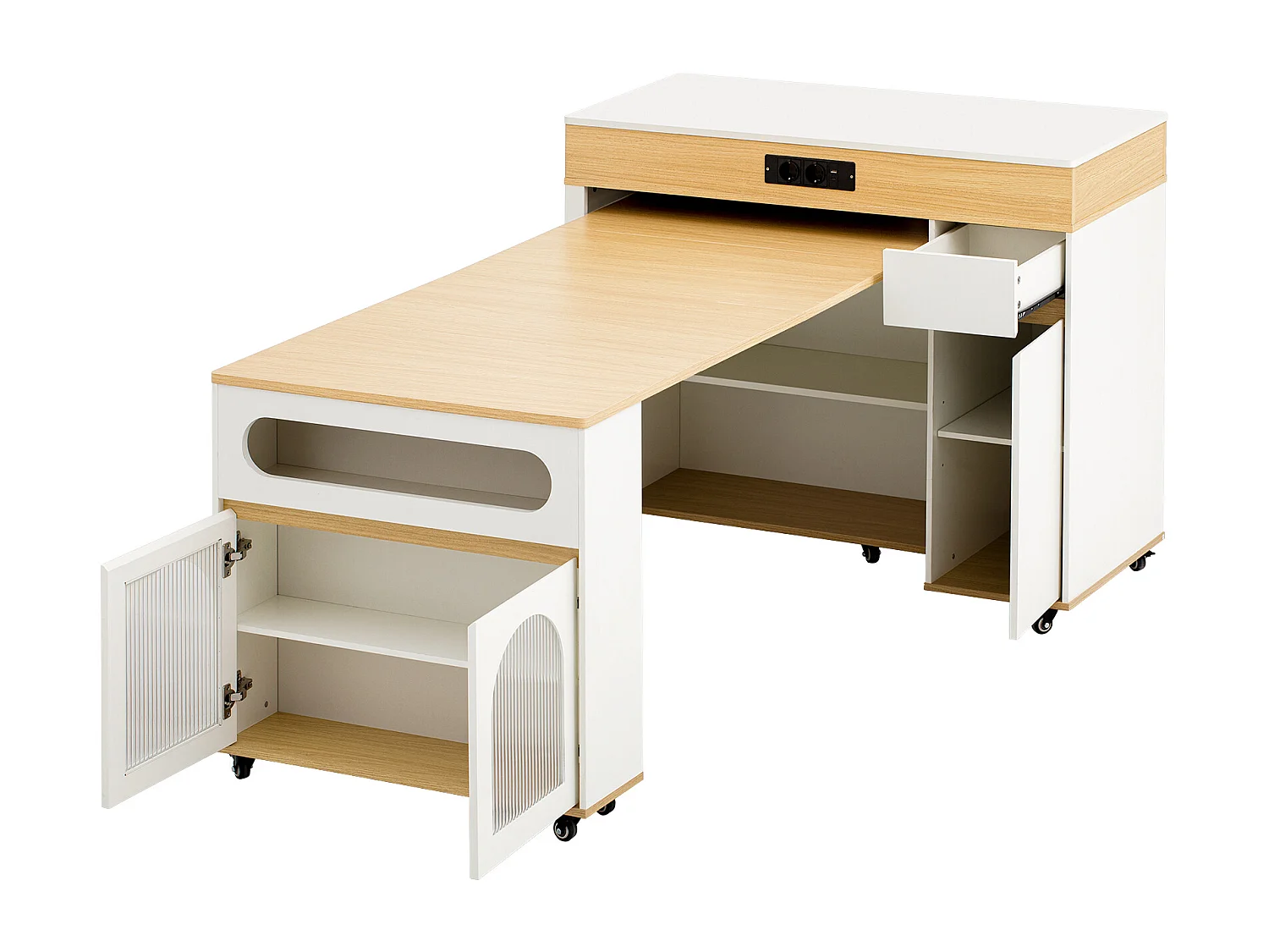 Îlot central de cuisine - table à manger extensible - avec prise de courant - avec roulettes et espace de rangement - avec crochet - Naturel+Blanc