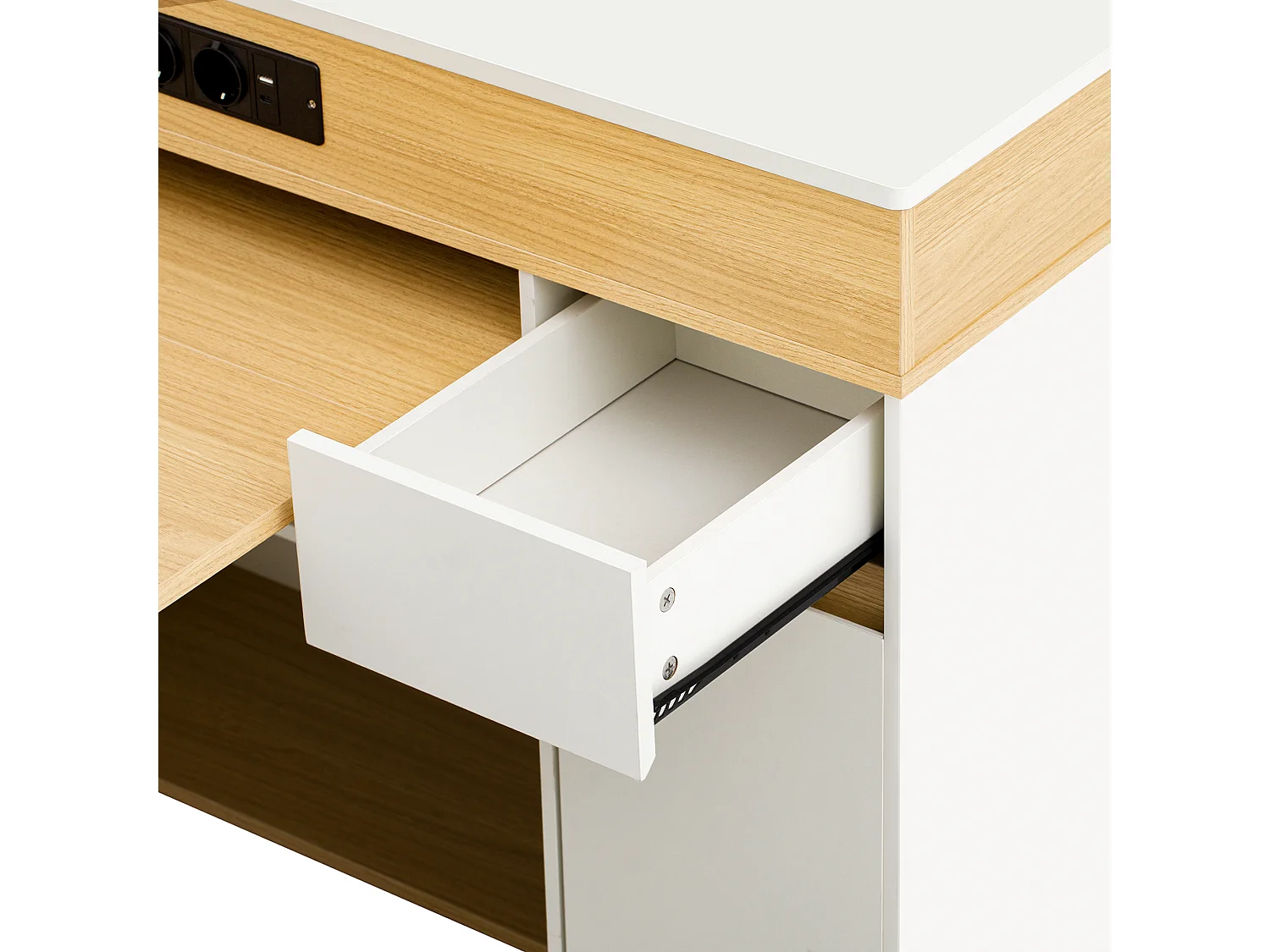 Îlot central de cuisine - table à manger extensible - avec prise de courant - avec roulettes et espace de rangement - avec crochet - Naturel+Blanc