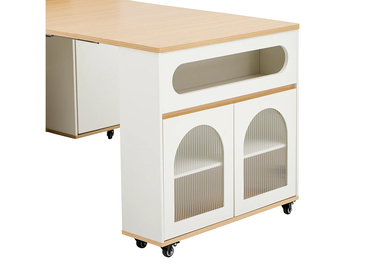 Îlot central de cuisine - table à manger extensible - avec prise de courant - avec roulettes et espace de rangement - avec crochet - Naturel+Blanc