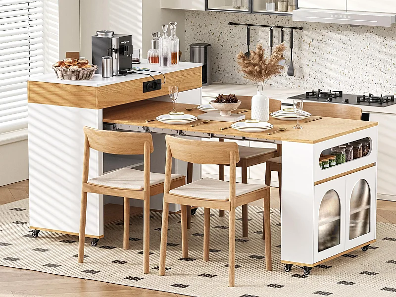 Îlot central de cuisine - table à manger extensible - avec prise de courant - avec roulettes et espace de rangement - avec crochet - Naturel+Blanc