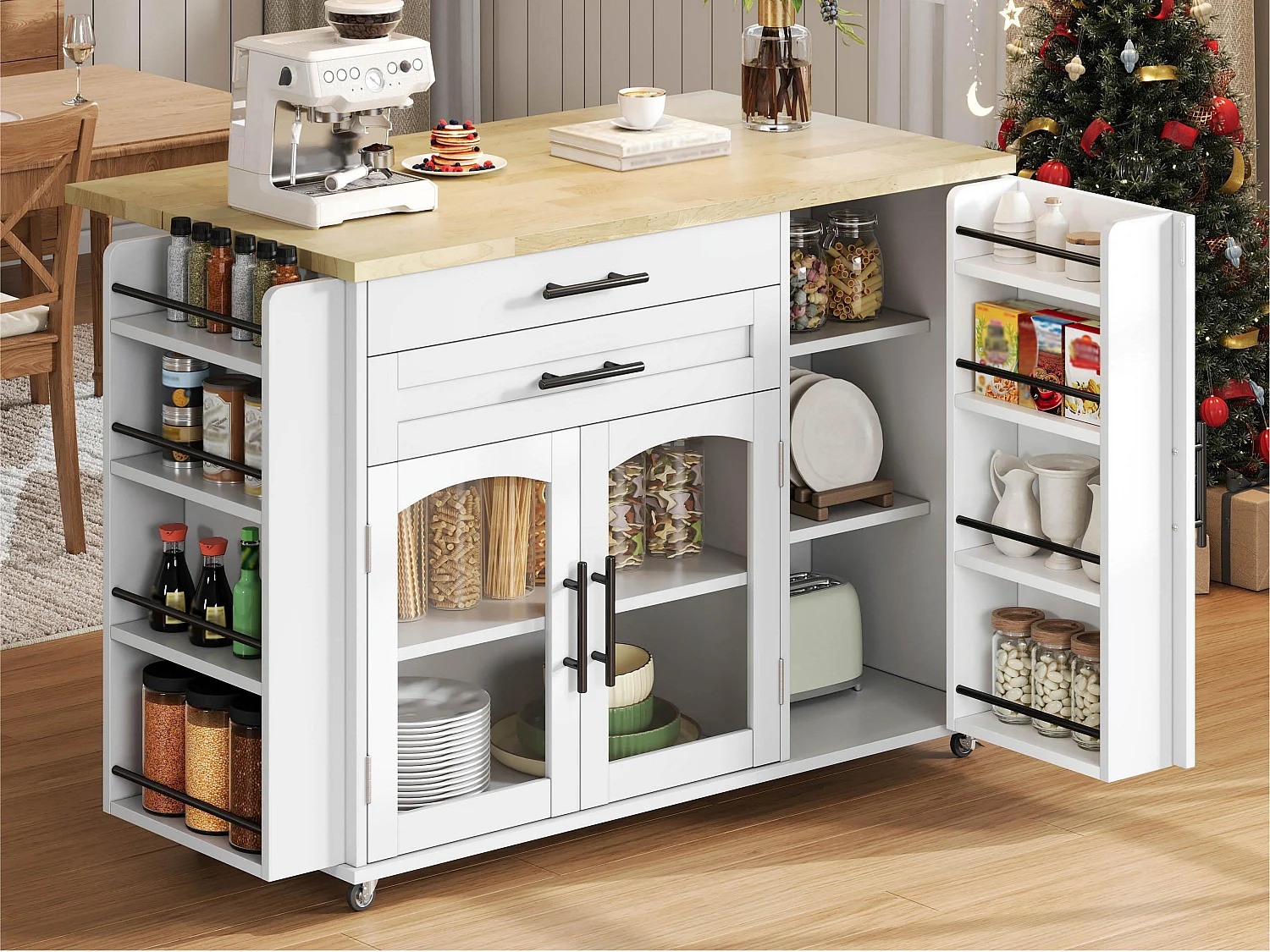 Îlot central de cuisine mobile - table à manger pliable - avec espace de rangement et étagère à épices - avec roulettes - Blanc